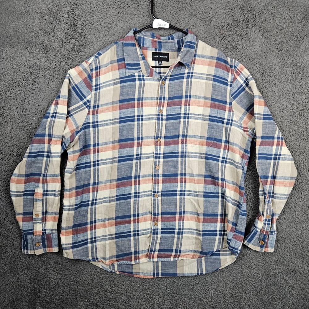 Lucky Brand Mens XL Plaid Button Down Shirt Blue Beige Red Long Sleeve